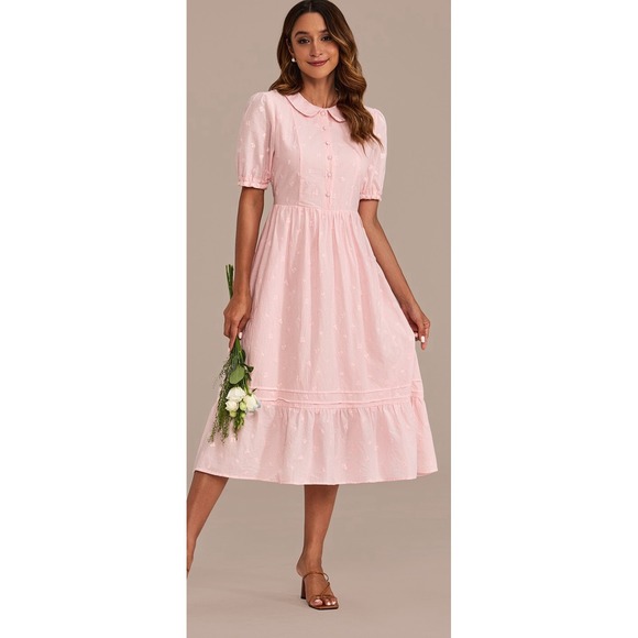 NWT Simple Retro Peter Pan Midi‎ Collar Puff Cottagecore Whimsical Pink M Dress - Picture 1 of 9